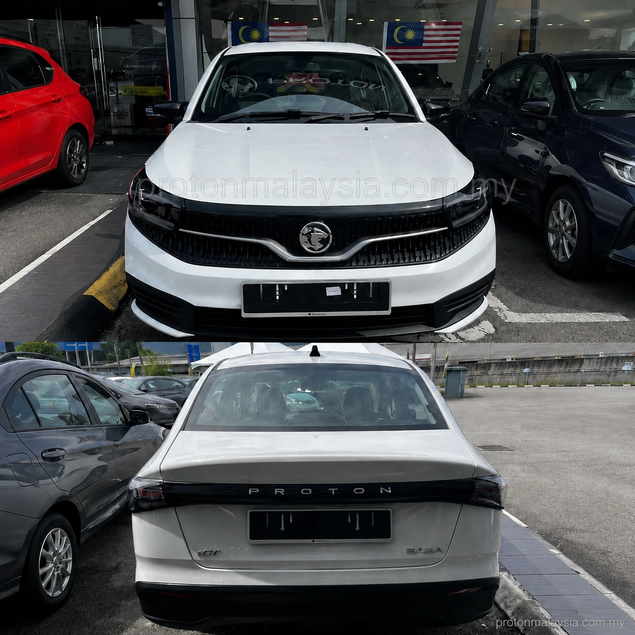 Proton Saga MC3 Solid White pandangan hadapan dan belakang di pusat pameran