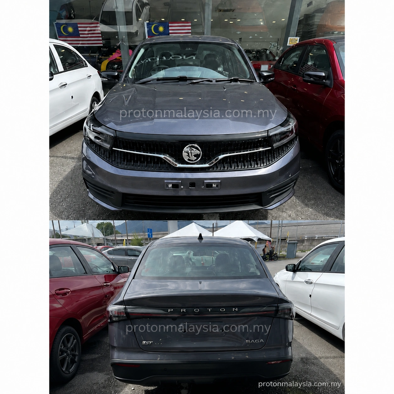 Proton Saga MC3 Space Grey pandangan hadapan dan belakang di pusat pameran