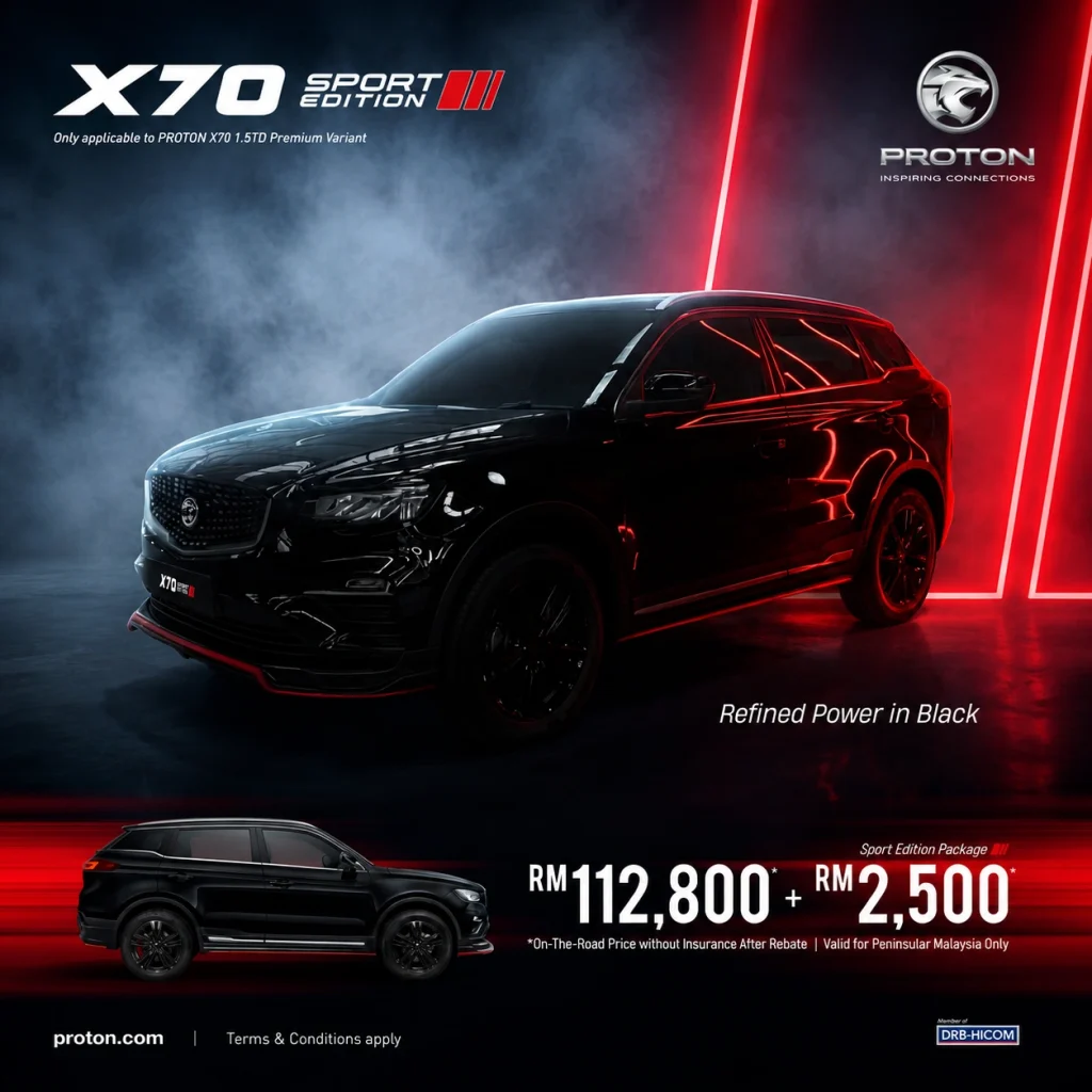 Proton X70 Sport Edition in black with red lighting, showcasing the sporty exterior package and promotional price in Malaysia
