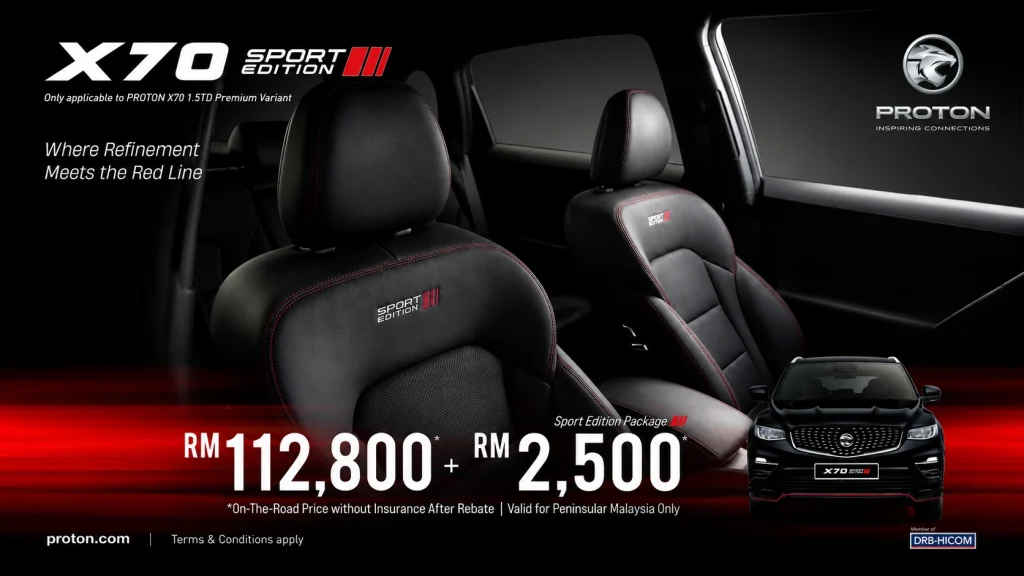Interior Proton X70 Sport Edition dengan kerusi kulit hitam, logo Sport Edition dan nappa seat serta jahitan merah eksklusif