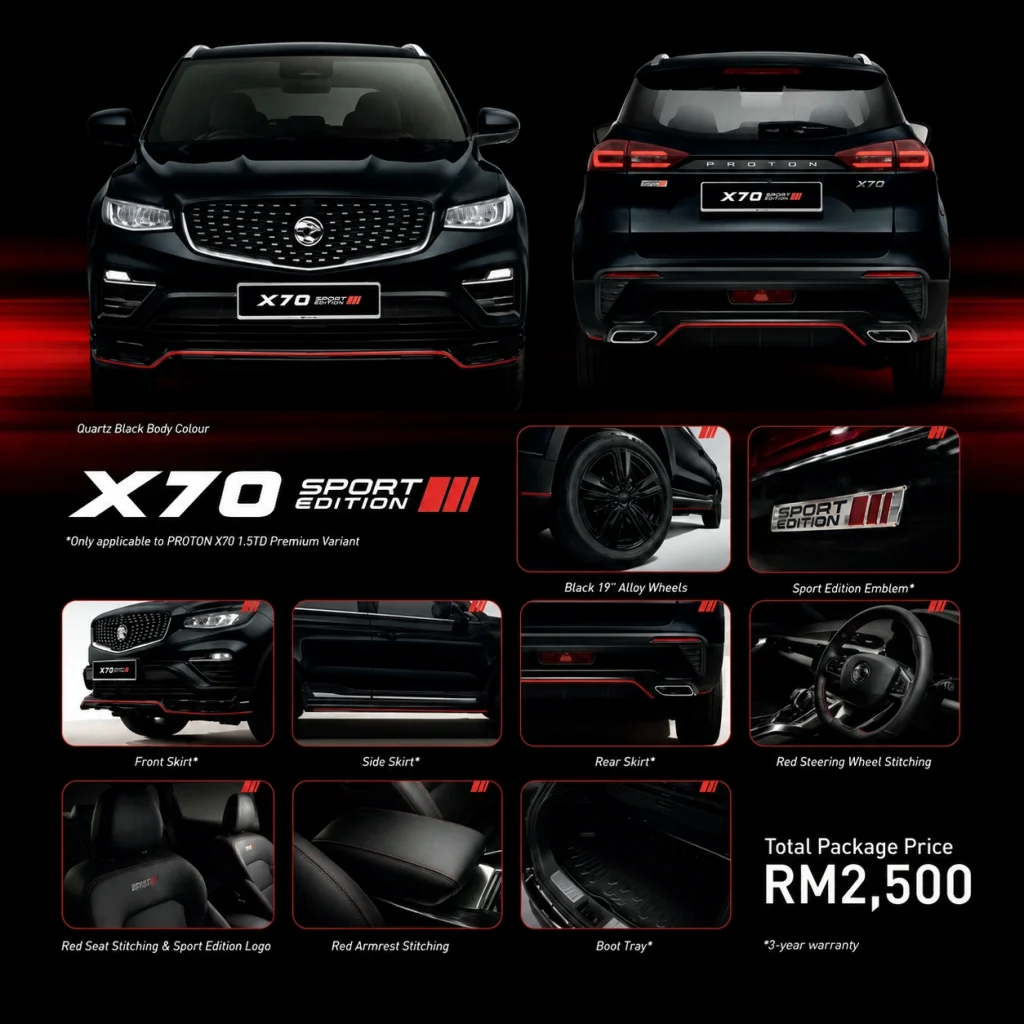 Proton X70 Sport Edition 2026 in Quartz Black showing front and rear views with exterior and interior package details