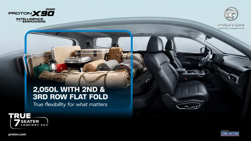 Ruang but Proton X90 dengan tempat duduk baris kedua dan ketiga dilipat rata
