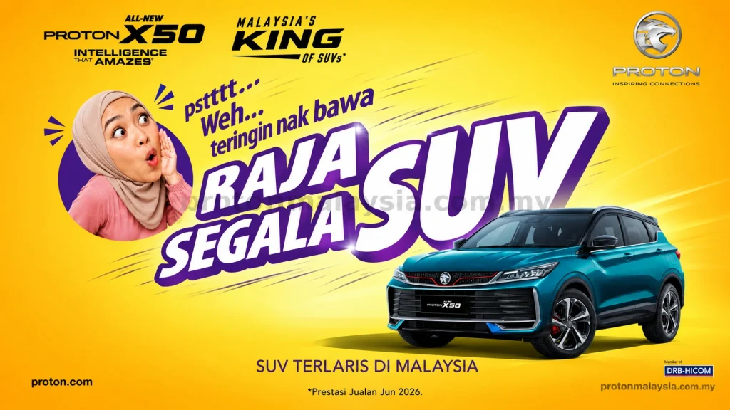 Proton X50 SUV Terlaris Malaysia dengan poster kuning dan visual kereta berwarna hijau