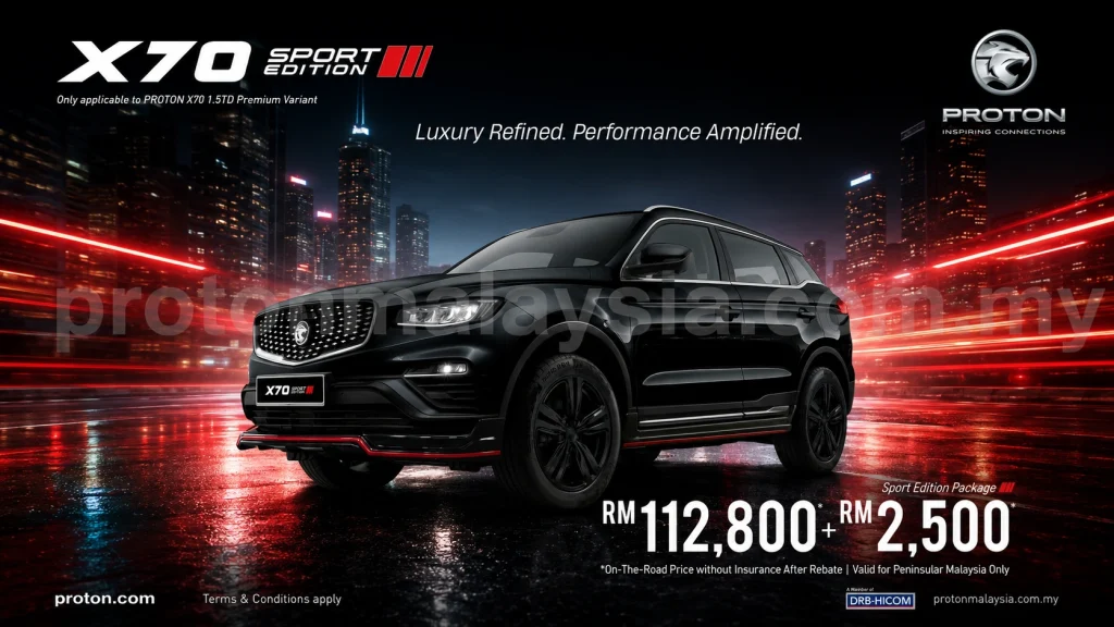 Proton X70 Sport Edition hitam dengan pakej sporty dan lampu bandar waktu malam