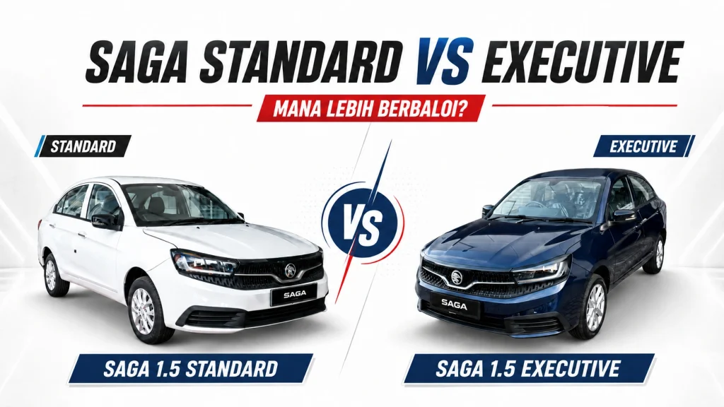 Saga MC3 Standard atau Executive berwarna putih dan biru dipaparkan dari sudut hadapan