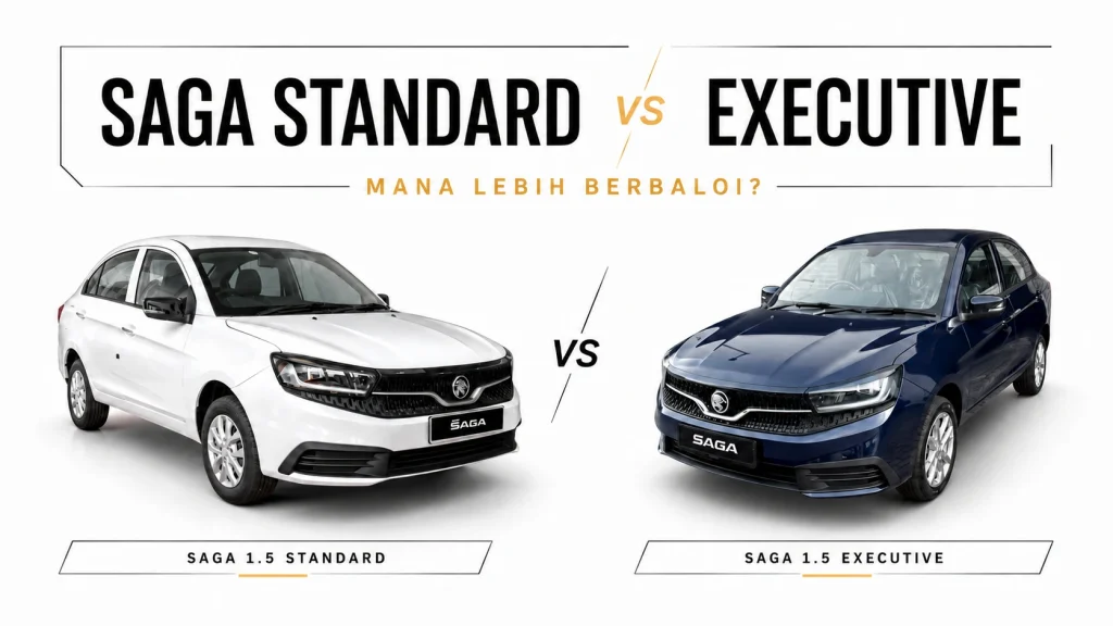 Beza Saga Standard dan Executive dari sudut hadapan dengan model putih dan biru