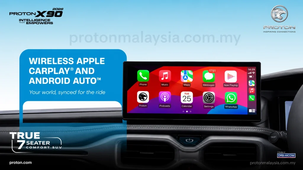 Wireless Apple CarPlay dan Android Auto pada skrin Proton X90 MC1