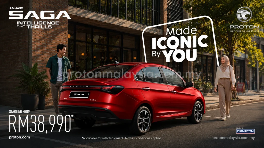 All-New Proton Saga merah dengan harga bermula RM38,990 diparkir di kawasan bandar.