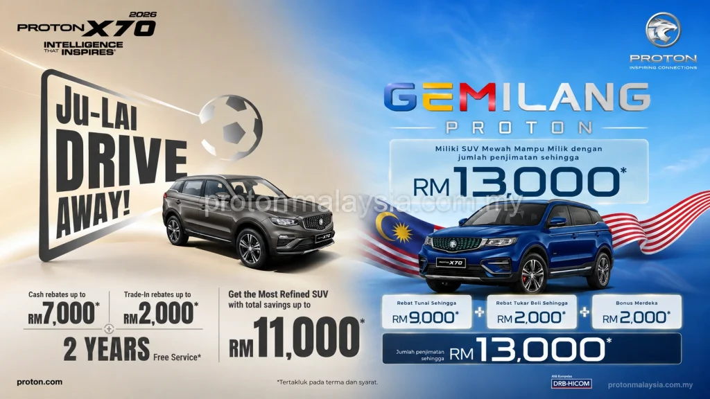 Perbandingan Promosi 2026 Proton X70 dengan rebat tunai, trade-in, servis percuma dan Bonus Merdeka sehingga RM13,000