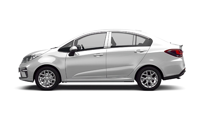 Proton Persona Executive berwarna perak dari pandangan sisi dengan rim aloi dan reka bentuk sedan