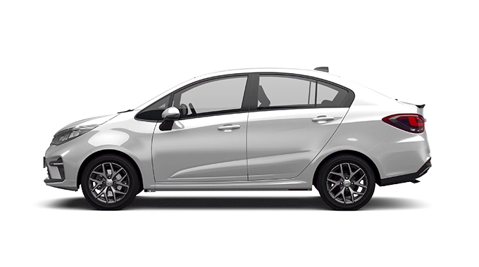 Proton Persona Premium berwarna perak dari pandangan sisi dengan roda kemasan silver dan reka bentuk sedan