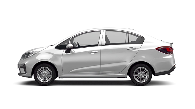 Proton Persona Standard berwarna perak dari pandangan sisi dengan reka bentuk badan sedan
