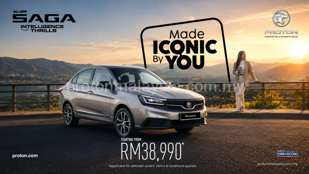All-New Proton Saga berwarna perak dengan harga bermula RM38,990 untuk varian terpilih, tertakluk kepada terma dan syarat.