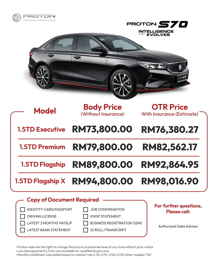 Proton S70 hitam dengan senarai harga Executive, Premium, Flagship dan Flagship X, termasuk anggaran harga OTR.