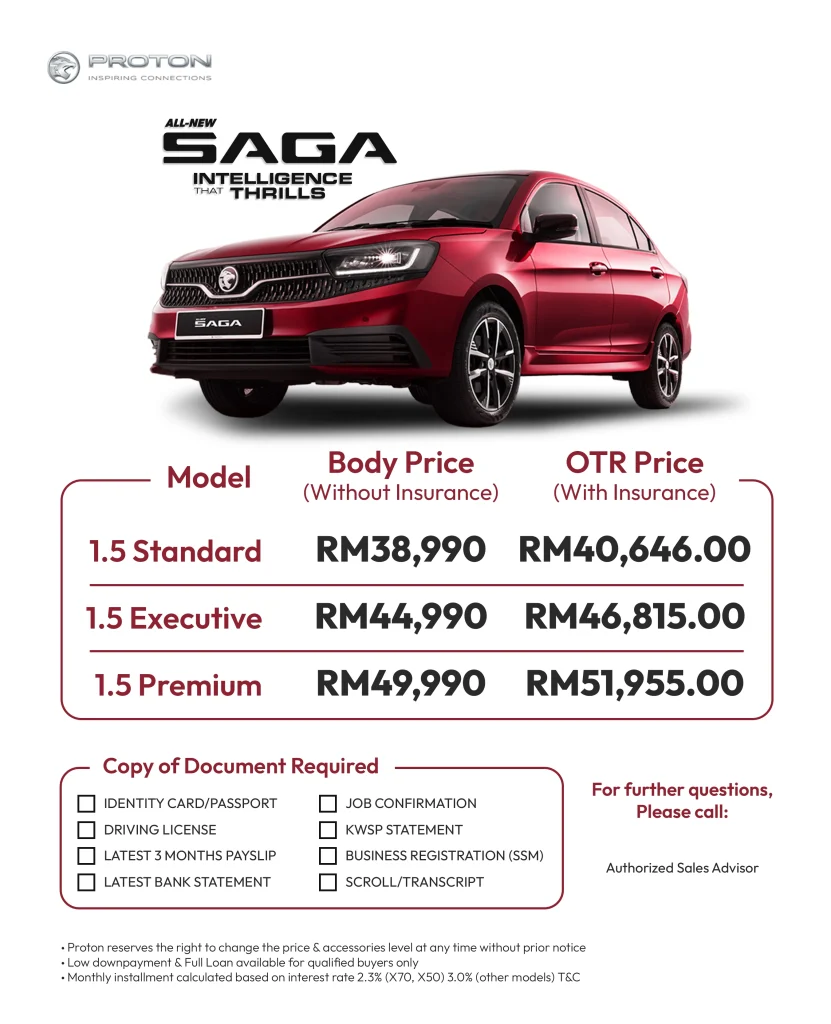 All-New Proton Saga merah dengan jadual harga Standard, Executive dan Premium, termasuk body price dan OTR dengan insurans.