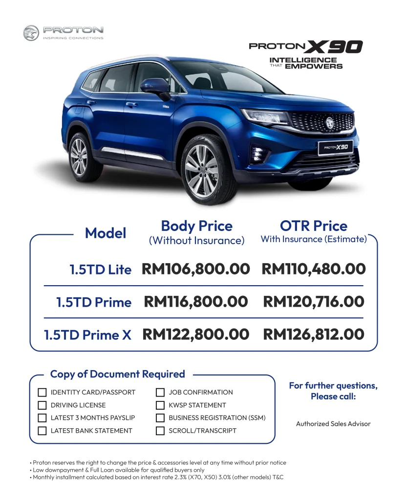 Proton X90 biru dengan senarai harga Lite, Prime dan Prime X serta anggaran harga OTR dengan insurans.