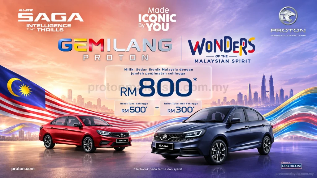 Promosi Proton Saga memaparkan penjimatan sehingga RM800, rebat tunai sehingga RM500 dan rebat tukar beli sehingga RM300.