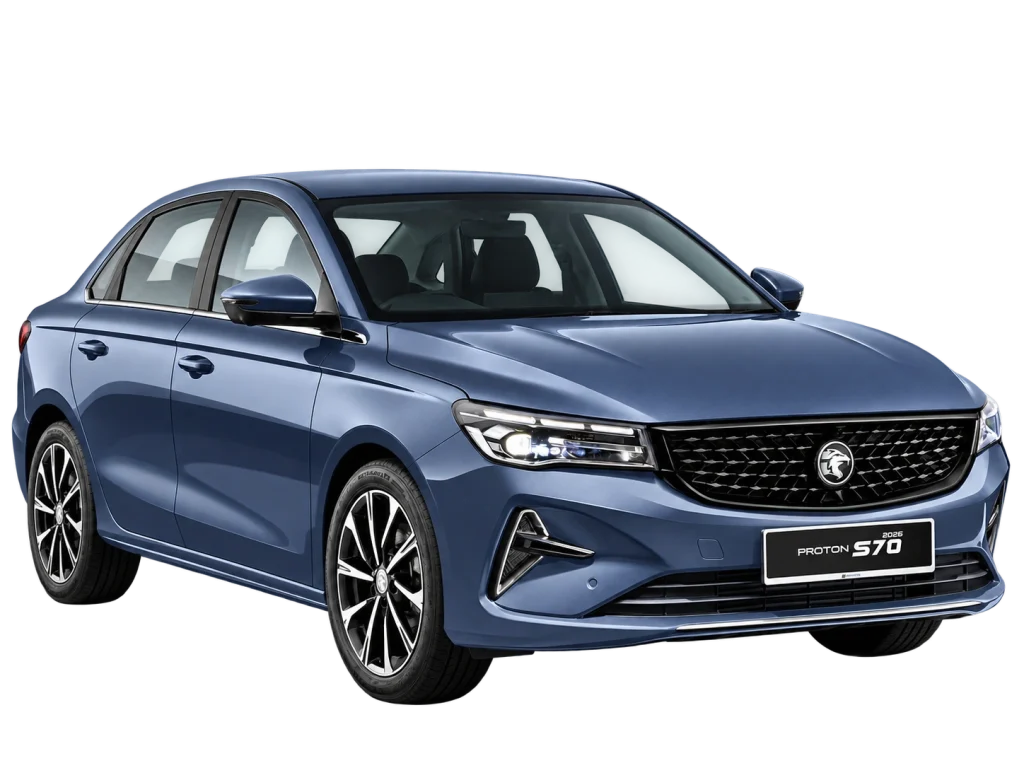 Proton S70 MC2 2026 berwarna biru dalam pandangan hadapan tiga suku dengan gril hitam, lampu depan dan rim aloi.