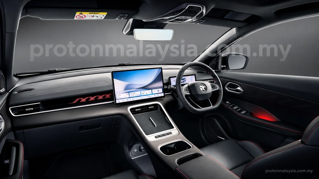 Dashboard Proton X50 Sport Edition dengan skrin infotainment, stereng, konsol tengah dan ambient lighting merah