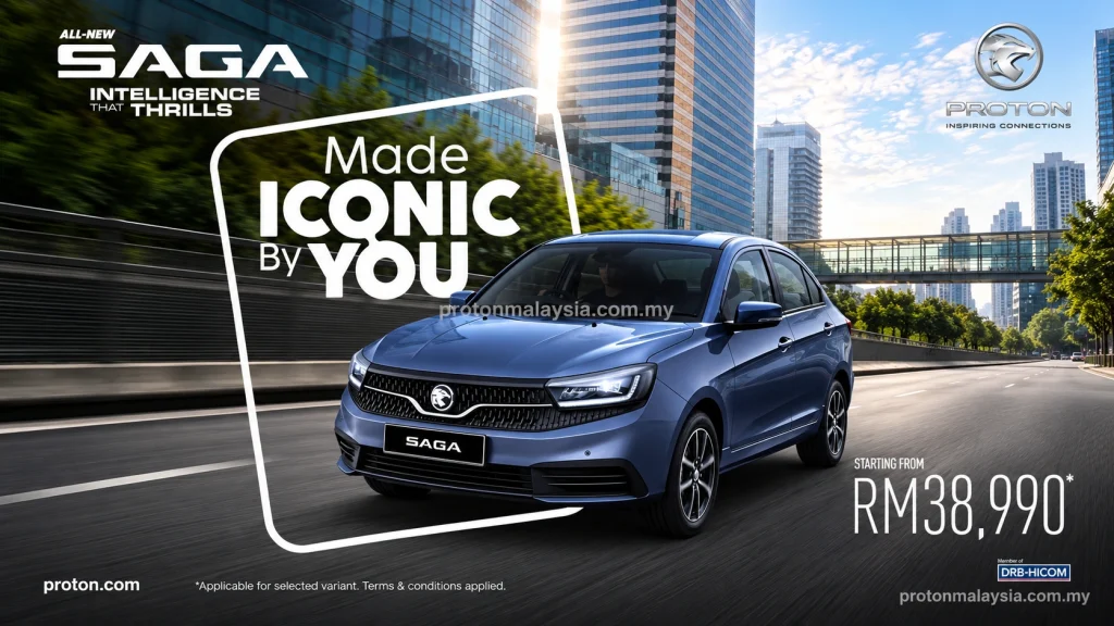 All-New Proton Saga berwarna biru dengan harga bermula RM38,990 dipaparkan di jalan bandar moden.