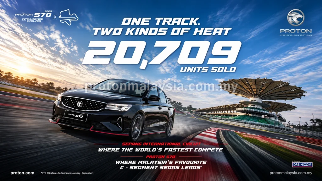 Proton S70 hitam di Sepang International Circuit dengan pencapaian jualan 20,709 unit bagi Januari hingga September 2026.
