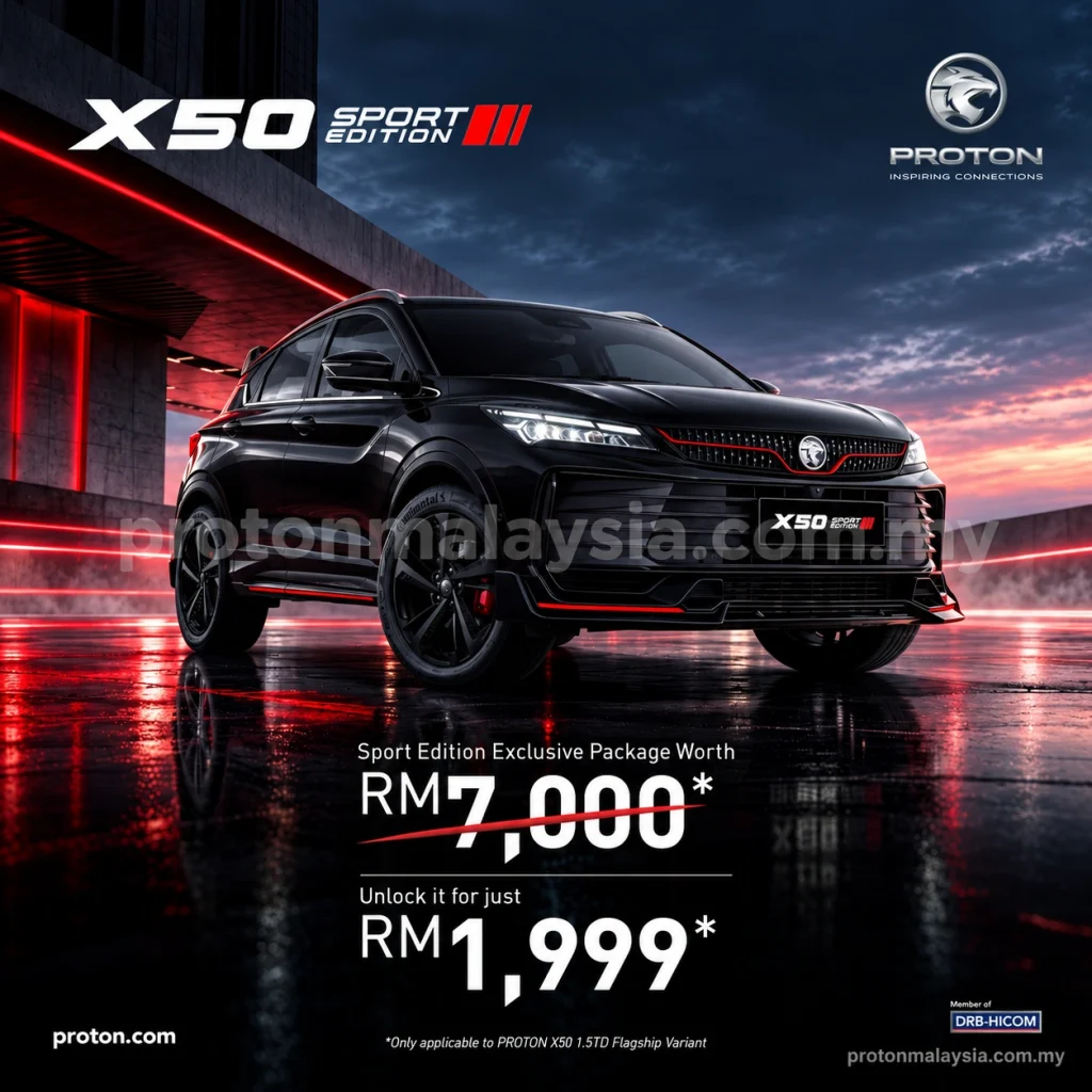 Proton X50 Sport Edition hitam dengan kemasan merah dan pakej eksklusif RM1,999 untuk varian 1.5TD Flagship
