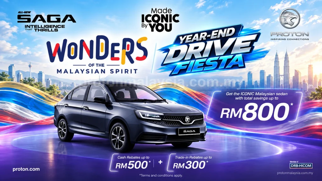 Proton Saga dengan cash rebate RM500, trade-in rebate RM300 dan jumlah penjimatan sehingga RM800.