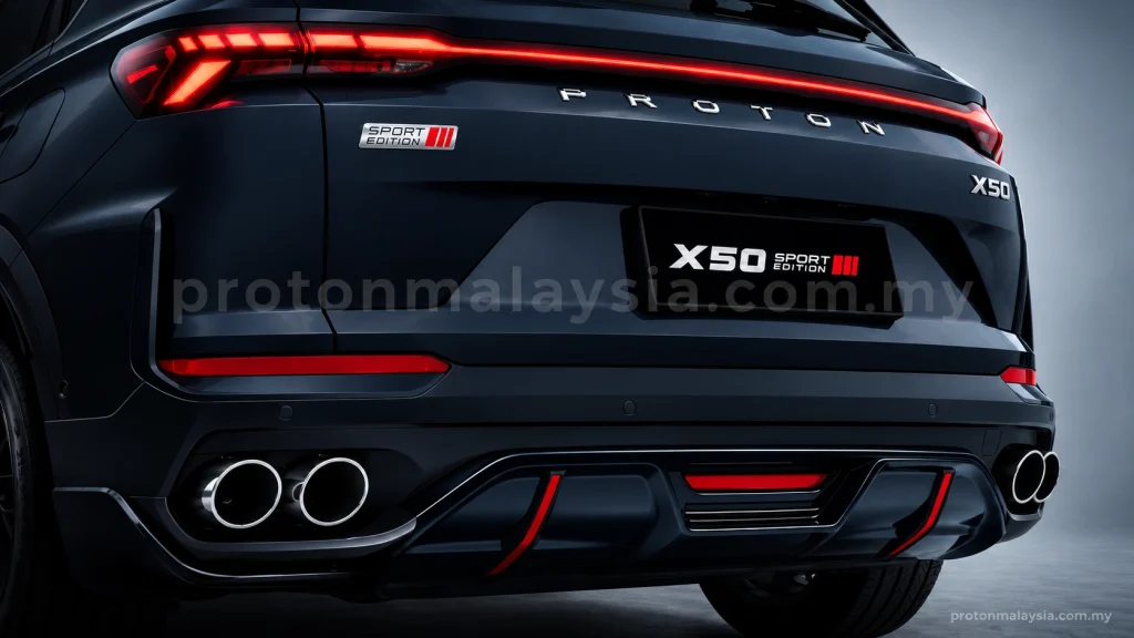 Perincian belakang Proton X50 Sport Edition dengan emblem khas, diffuser hitam, aksen merah dan empat hujung ekzos