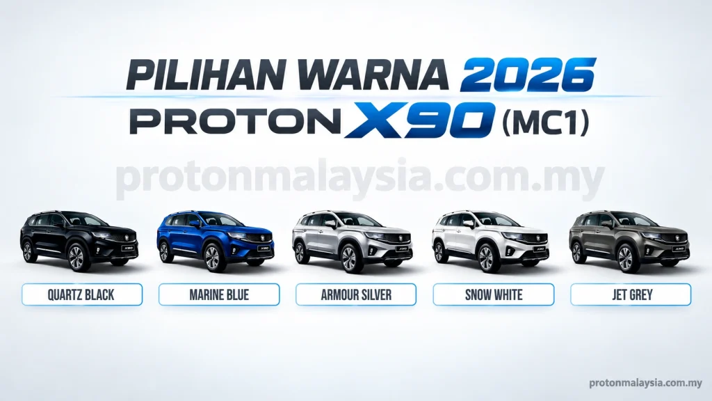 Pilihan warna 2026 Proton X90 MC1 menampilkan Quartz Black, Marine Blue, Armour Silver, Snow White dan Jet Grey.