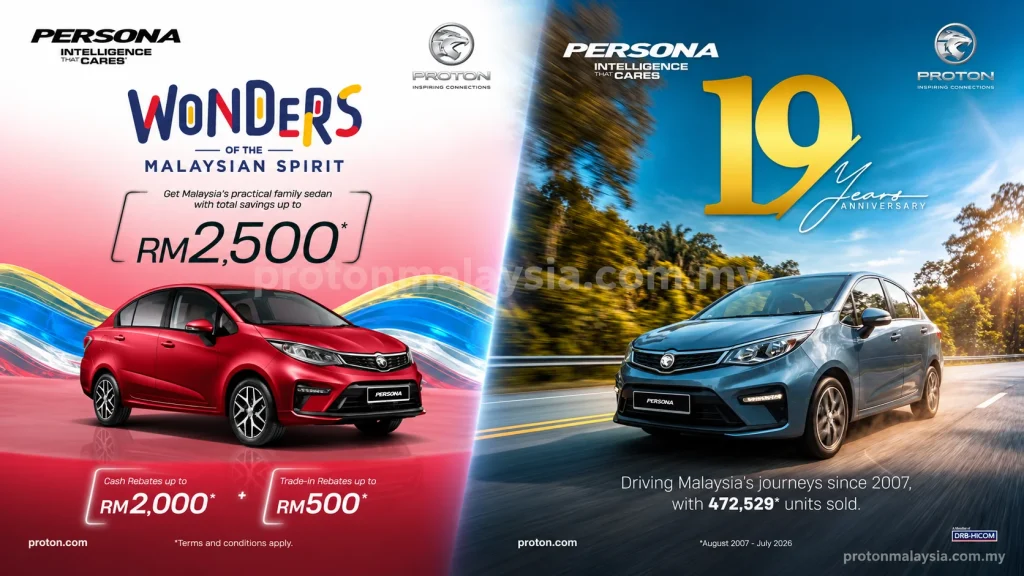 Proton Persona dalam visual promosi dengan penjimatan hingga RM2,500 serta sambutan ulang tahun ke-19 model tersebut.