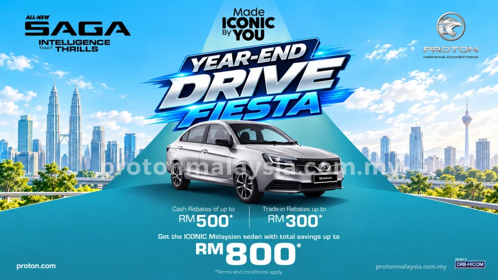 Promosi Proton Saga Oktober 2026 dengan rebat tunai sehingga RM500, tukar beli RM300 dan penjimatan sehingga RM800.