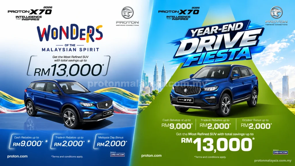 Perbandingan promosi Proton X70 September dan Oktober 2026 dengan penjimatan hingga RM13,000.