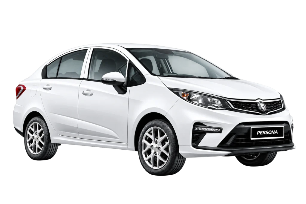 Proton Persona Executive putih dari sudut hadapan tiga suku dengan latar belakang lutsinar