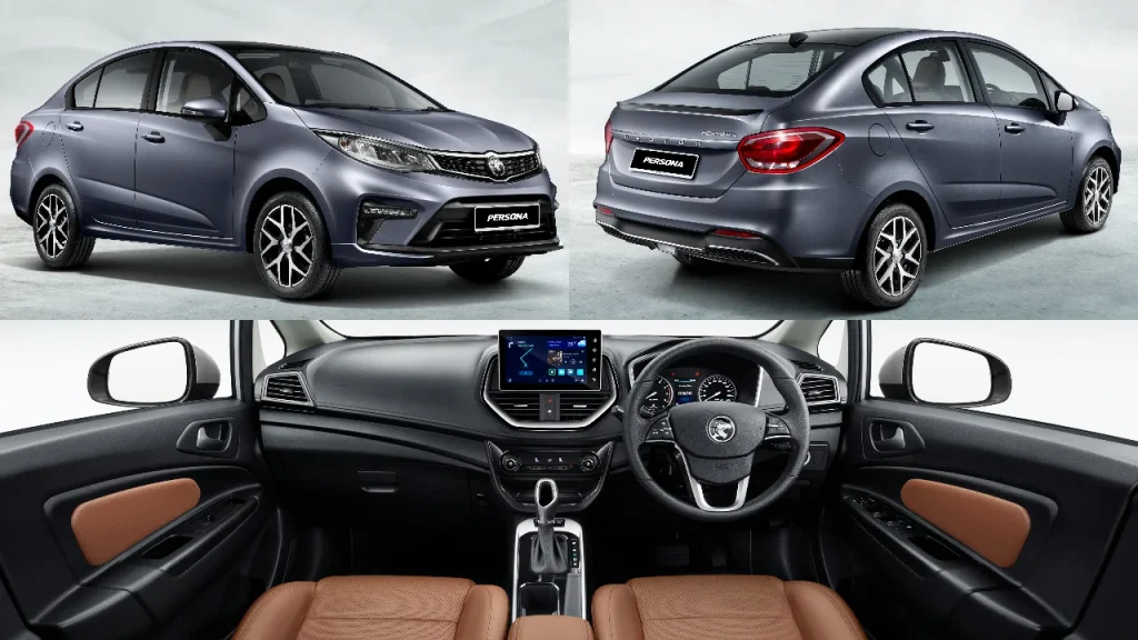 Proton Persona berwarna kelabu dipaparkan dari sudut hadapan dan belakang bersama paparan interior kabin.