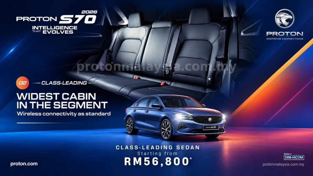 Proton S70 2026 dengan kabin belakang luas, sambungan tanpa wayar standard dan harga bermula RM56,800