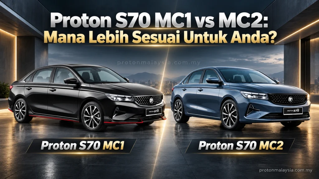 Proton S70 MC1 hitam dan S70 MC2 biru dipaparkan bersebelahan dalam poster perbandingan varian.