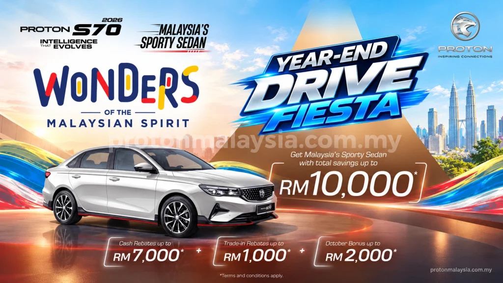 Proton S70 berwarna perak dalam promosi September dan October 2026 dengan jumlah penjimatan hingga RM10,000.