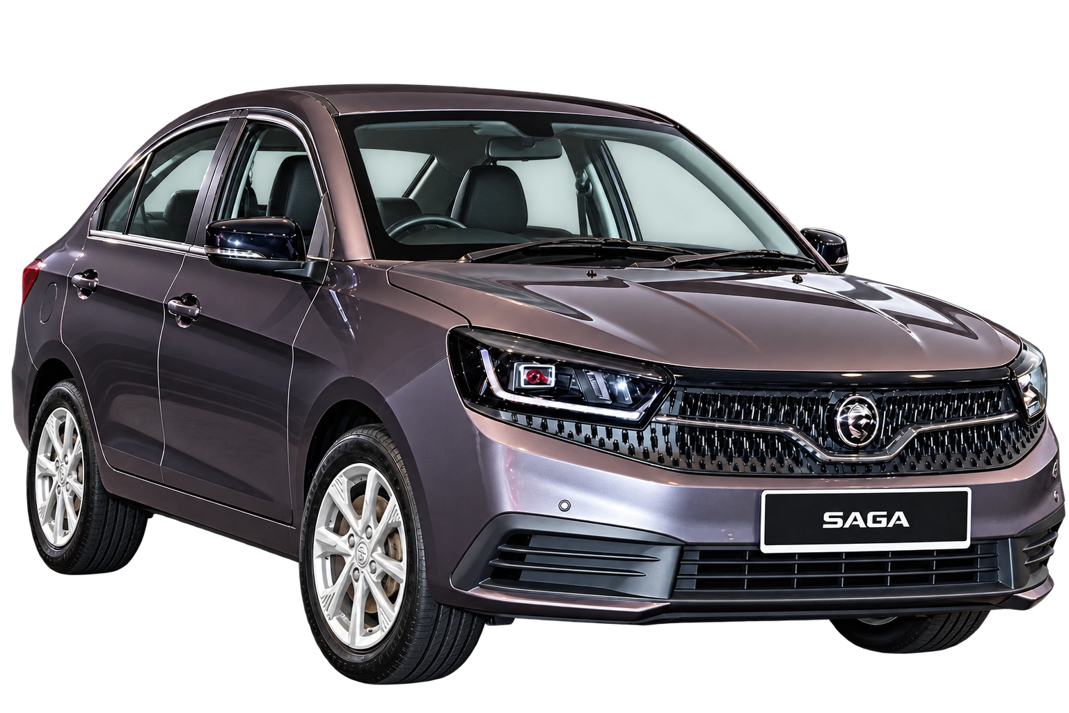 Proton Saga Executive MC3 dari sudut hadapan tiga suku dengan latar belakang lutsinar