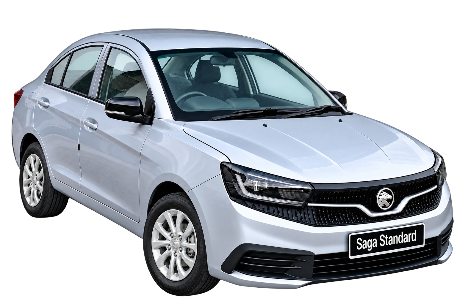 Proton Saga MC3 Standard dari sudut hadapan tiga suku dengan grille, headlamp dan sisi badan kelihatan jelas