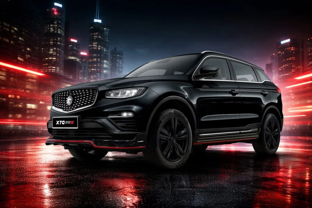 Proton X70 Sport Edition berwarna hitam dengan kemasan merah, dipaparkan berlatar bandar pada waktu malam.