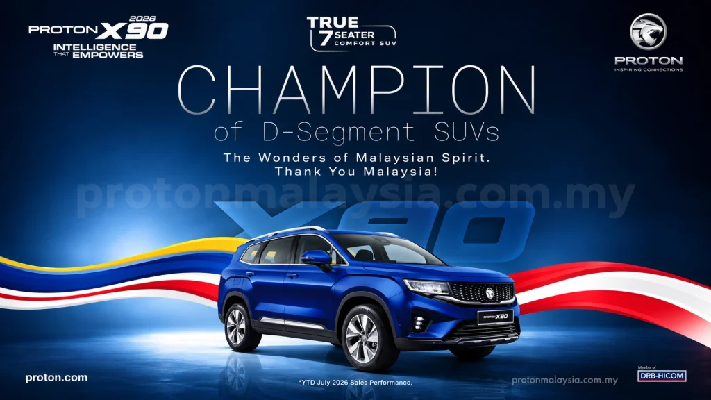 2026 Proton X90 berwarna biru dengan mesej Champion of D-Segment SUVs berdasarkan prestasi jualan YTD Julai 2026.