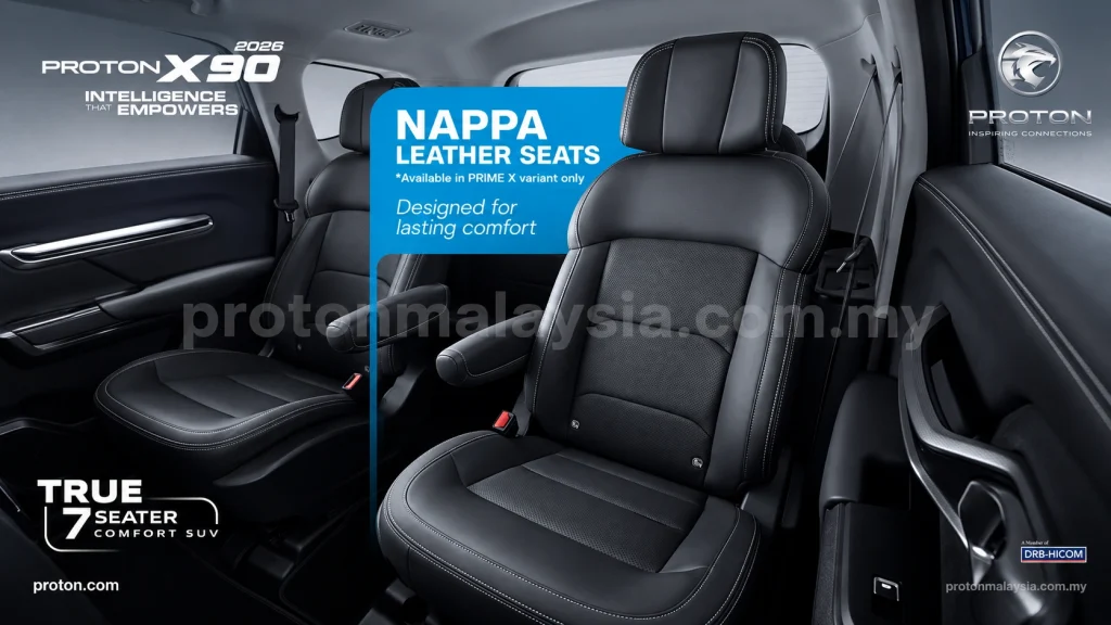 Interior Proton X90 2026 menampilkan tempat duduk kulit Nappa yang tersedia untuk varian Prime X sahaja.