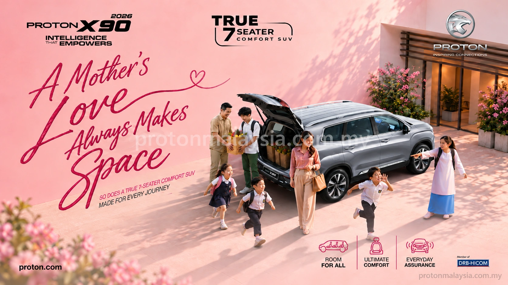 2026 Proton X90 dalam visual keluarga di sekolah dengan ruang untuk semua, keselesaan dan mesej True 7-Seater Comfort SUV.