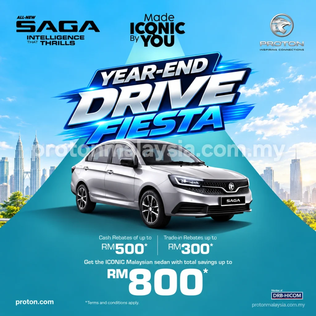 Rebate Proton Saga Oktober 2026 dengan rebat tunai sehingga RM500, tukar beli RM300 dan penjimatan sehingga RM800.