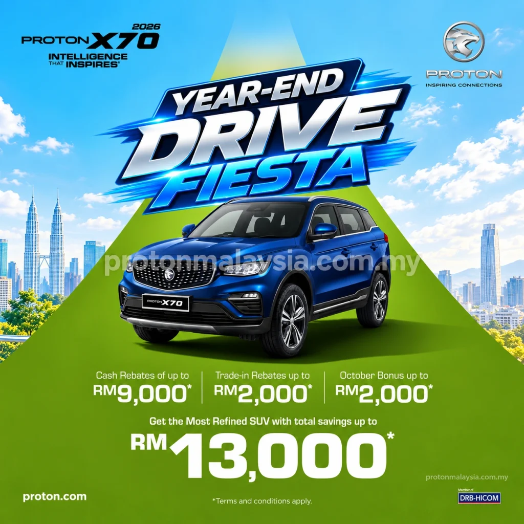 Rebate Proton X70 Oktober 2026 dengan rebat tunai hingga RM9,000 dan jumlah penjimatan sehingga RM13,000.