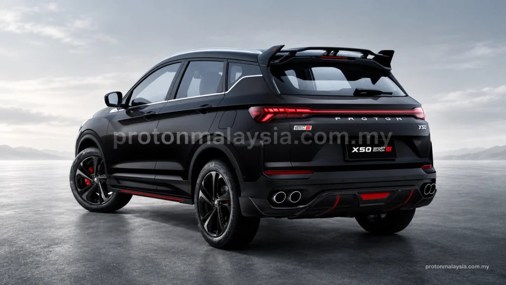 Reka bentuk belakang Proton X50 Sport Edition dengan rear spoiler, diffuser, emblem khas dan aksen merah